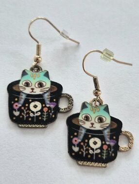 Cute Cat in Teacup Earrings Kawaii Kitten Coffee Cup Dangle